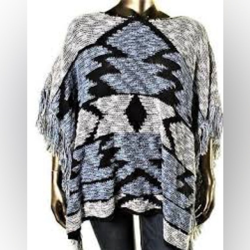 🎉🎉HOST PICK🎉🎉INC Poncho Sweater Womens PM/PL Blue Aztec Pattern Fringe NWOT